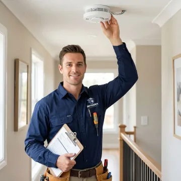 Electrician testing a newly installed interconnected smoke alarm system in a home hallway