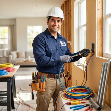 Licensed electrician performing home rewiring service in a Miami residential property