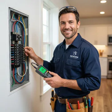 Electrician performing a digital voltage safety evaluation inside a residential home