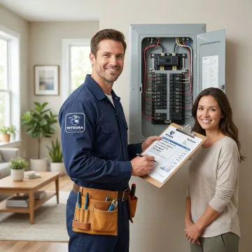 Electrician reviewing electrical panel options with a homeowner in a residential setting