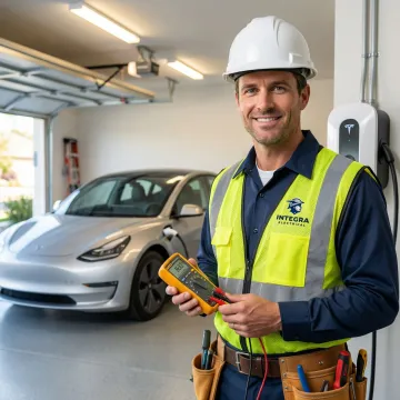 Electrician testing a newly installed EV charger on a home garage wall with a multimeter