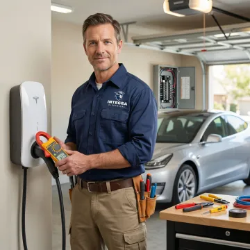Electrician completing a Level 2 EV charger installation and performing a load test in a residential garage