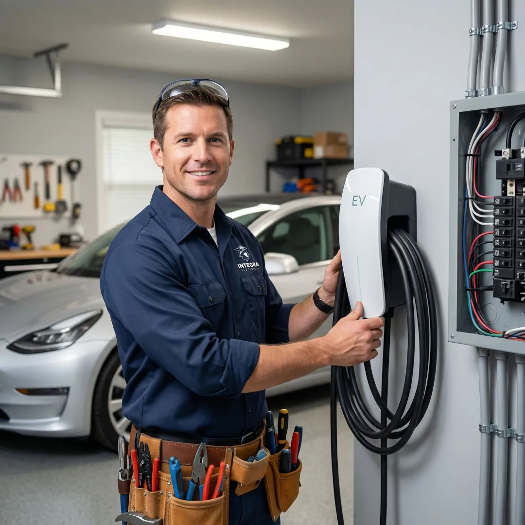 Licensed electrician installing a Level 2 EV charger in a Tampa home garage