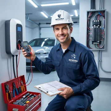 Electrician testing a newly installed EV charger in a residential garage