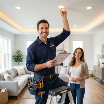Electrician performing final testing of newly installed recessed lights in a home