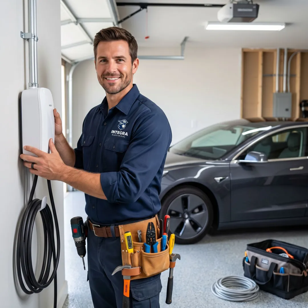 Licensed electrician installing a Level 2 EV charger on a residential garage wall in Des Moines