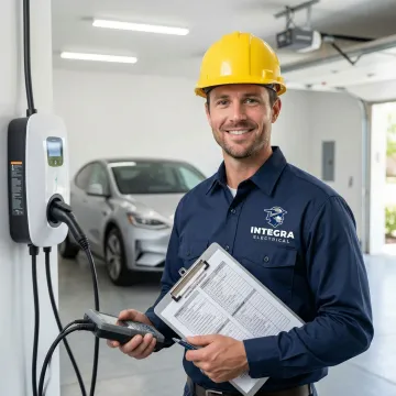 Electrician testing a newly installed home EV charger in a residential garage