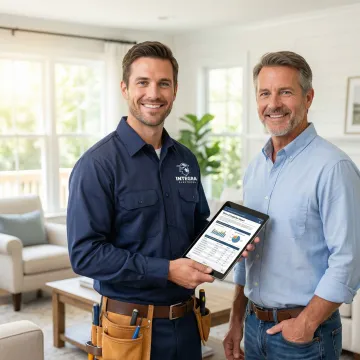 Electrician reviewing a digital inspection report with a homeowner after completing an electrical safety evaluation