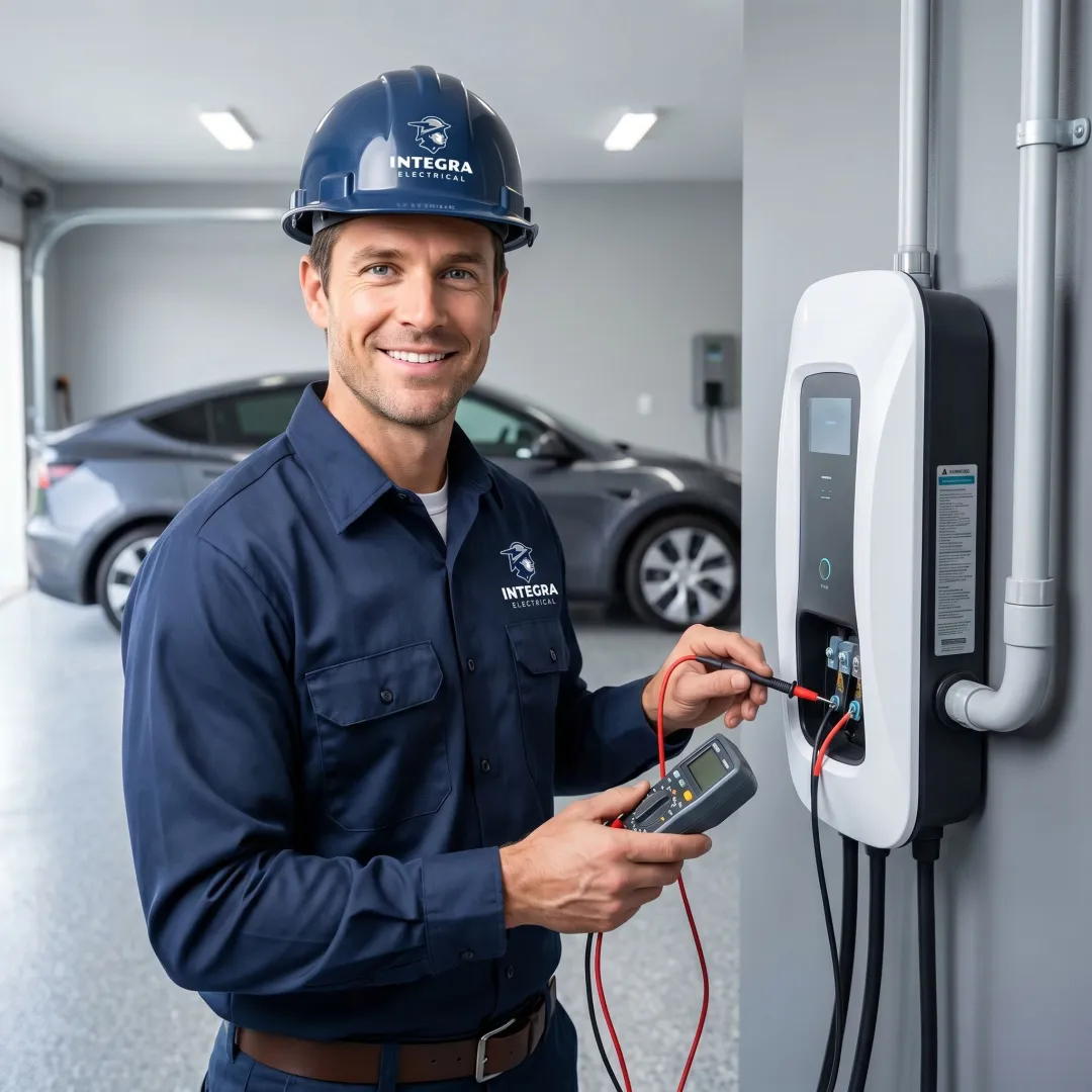 Electrician testing an EV charging station after installation in a residential garage