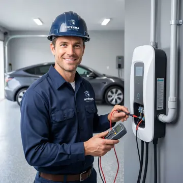 Electrician testing an EV charging station after installation in a residential garage