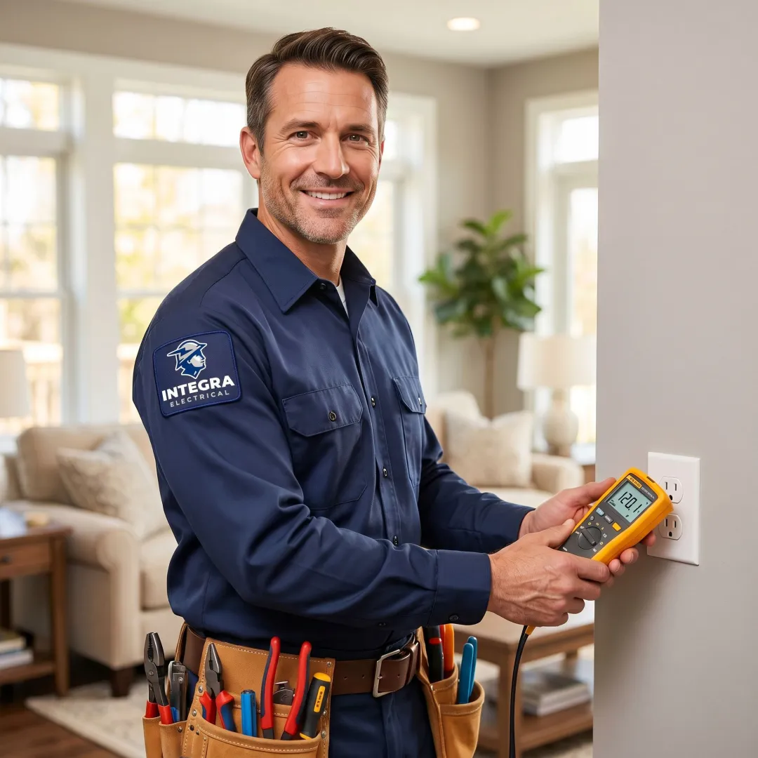 Electrician testing a residential outlet with a voltage tester