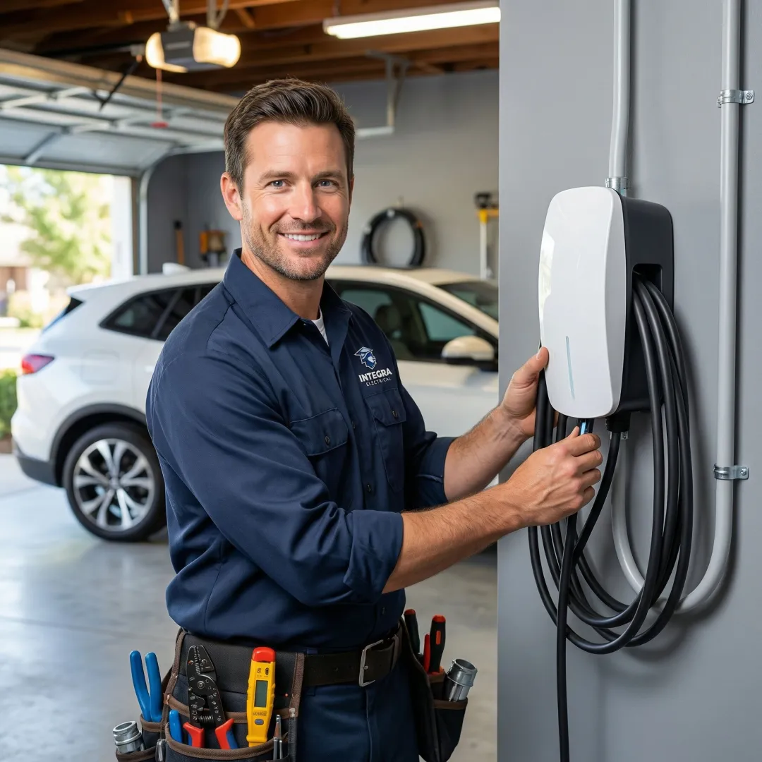 Licensed electrician installing a Level 2 EV charger in a residential garage