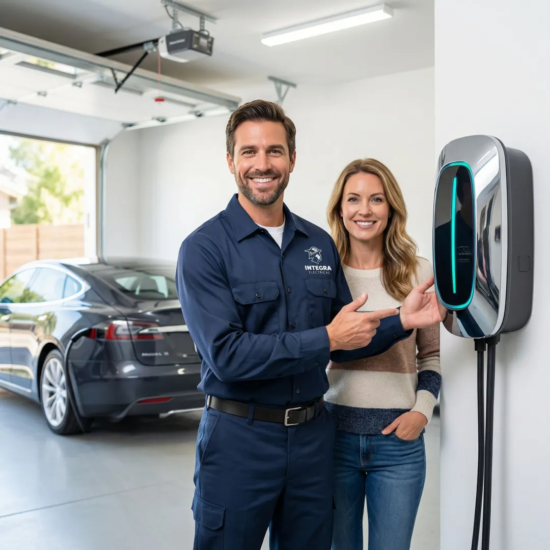 Electrician reviewing EV charger installation steps with a homeowner in a garage