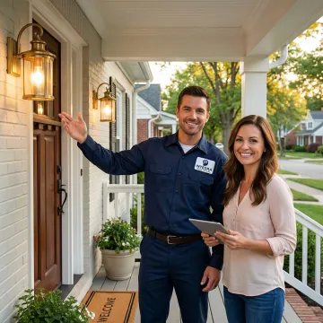 Electrician performing a final walkthrough of completed porch light installation with homeowner