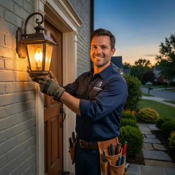 Licensed electrician installing a porch light fixture on a residential home exterior