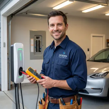 Electrician performing a load test on a newly installed EV charger in a residential garage