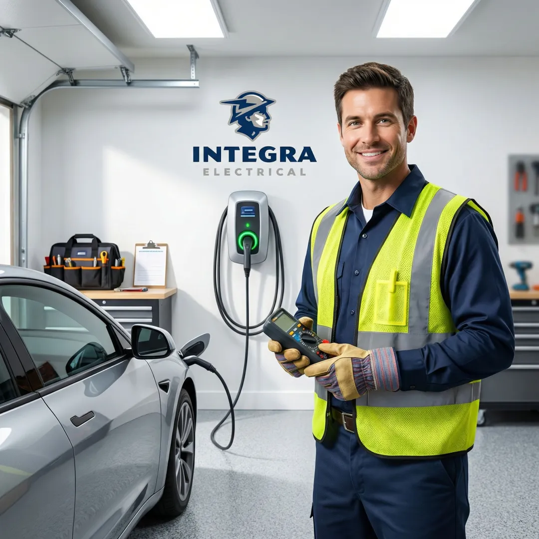Electrician performing final testing on a newly installed EV charger in a residential garage