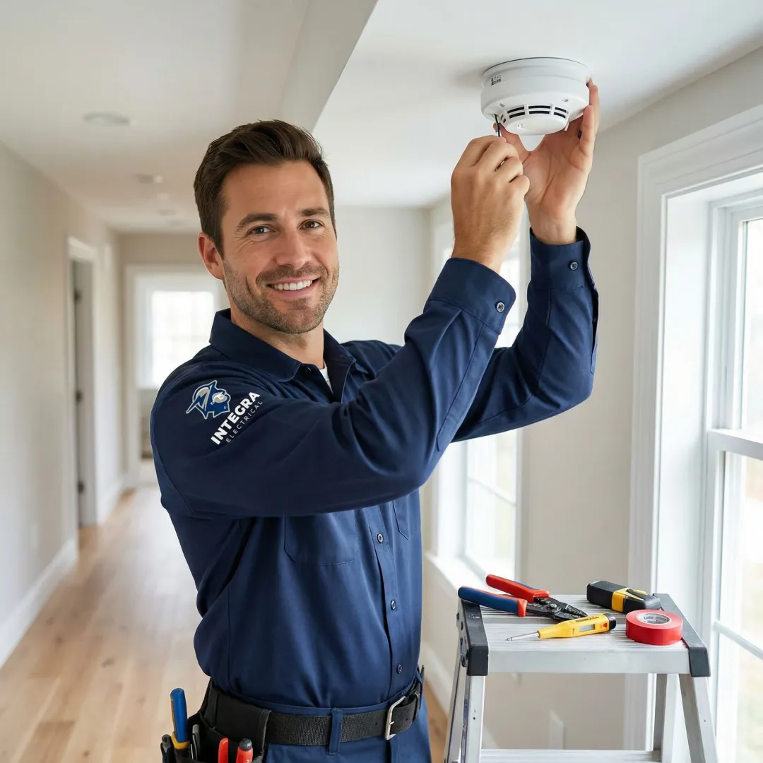 Licensed electrician installing a hardwired smoke detector on a residential ceiling