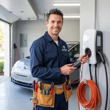 Electrician testing a newly installed Nissan EV charger in a Des Moines home garage.