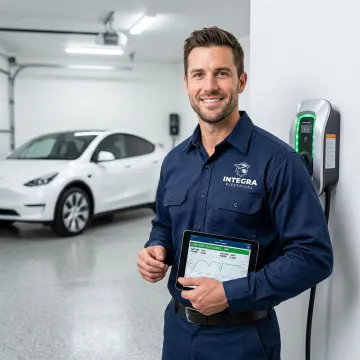 Electrician testing a newly installed Level 2 EV charger in a residential garage