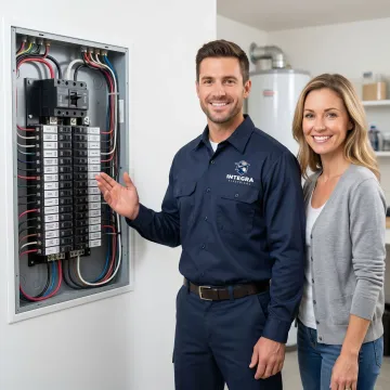 Electrician performing a panel inspection and walkthrough with a homeowner