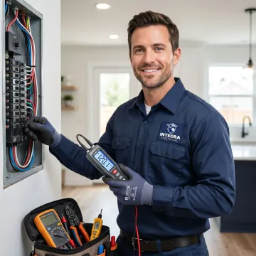 Electrician using a digital voltage analyzer to inspect home wiring