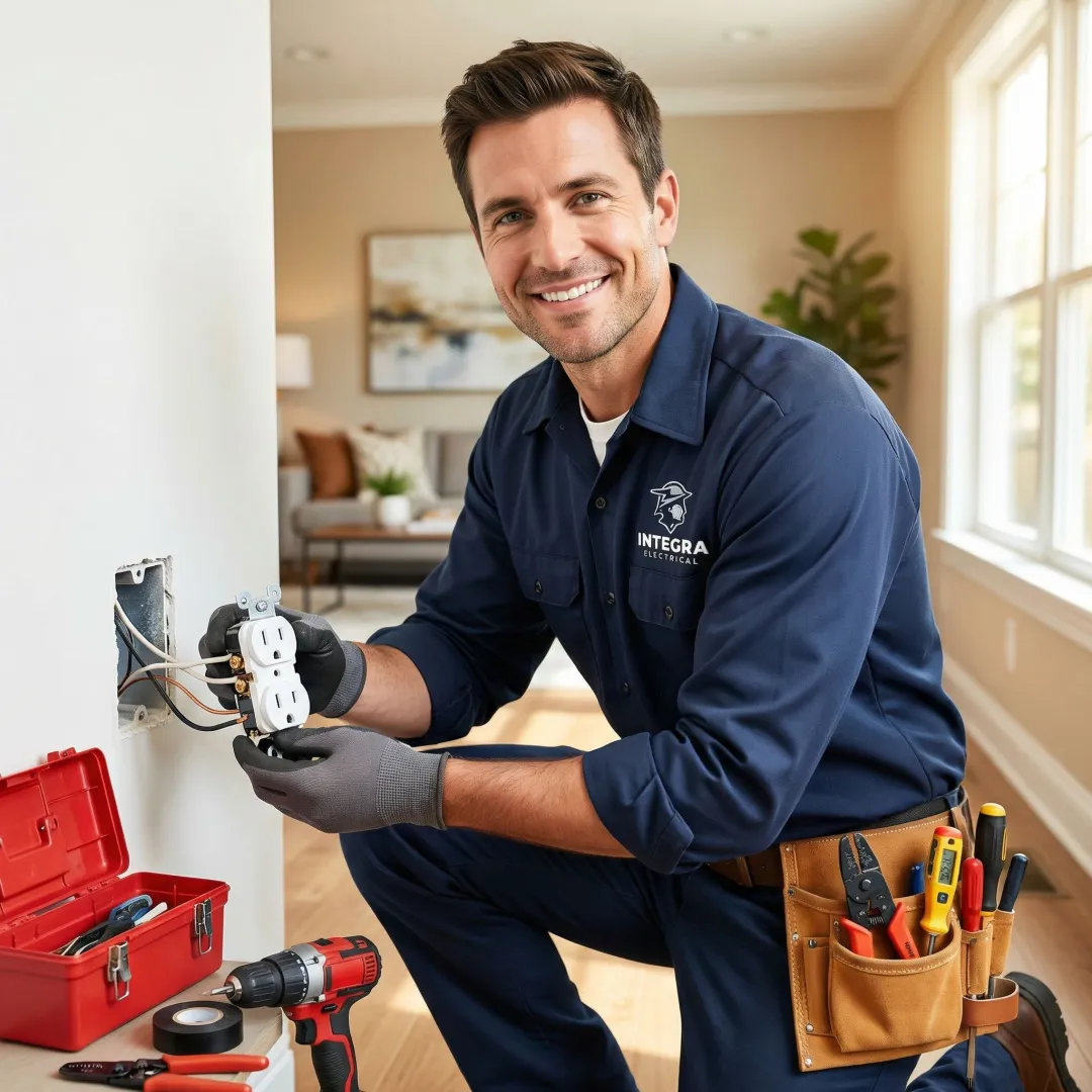 Licensed electrician installing a power outlet in an Anita, IA home
