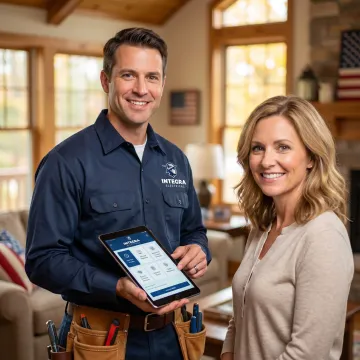 Electrician explaining electrical service options to a homeowner in an Iowa residence