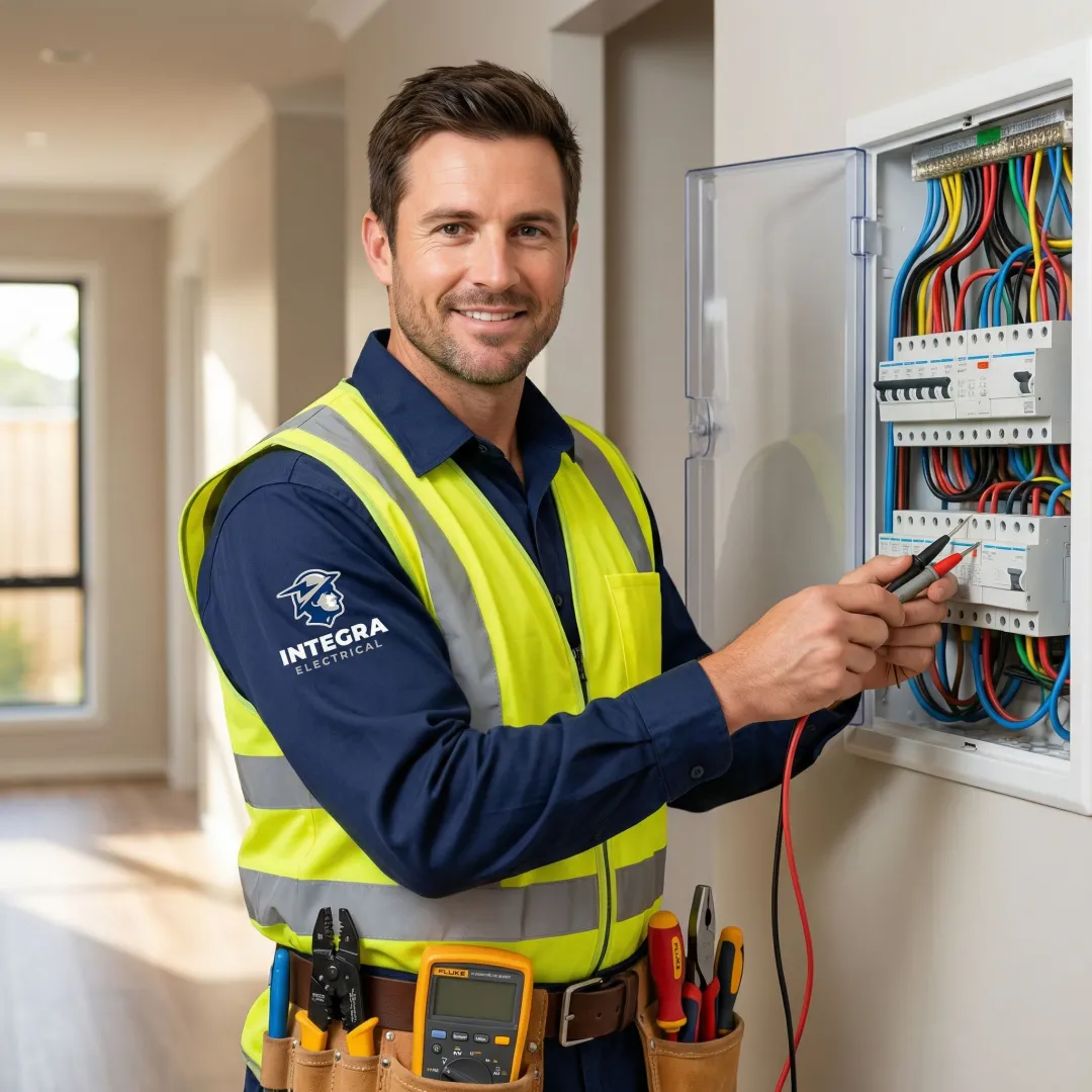Licensed electrician repairing electrical panel in an Altoona, IA home