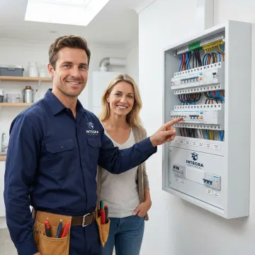 Electrician reviewing electrical panel upgrade process with homeowner