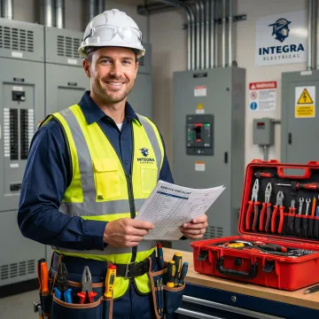 Commercial electrician following a structured service process at a business facility in Iowa