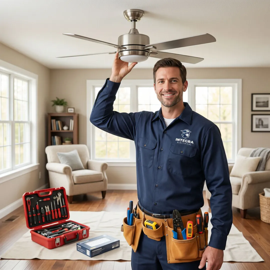 Licensed electrician installing a ceiling fan in a Knoxville Iowa home