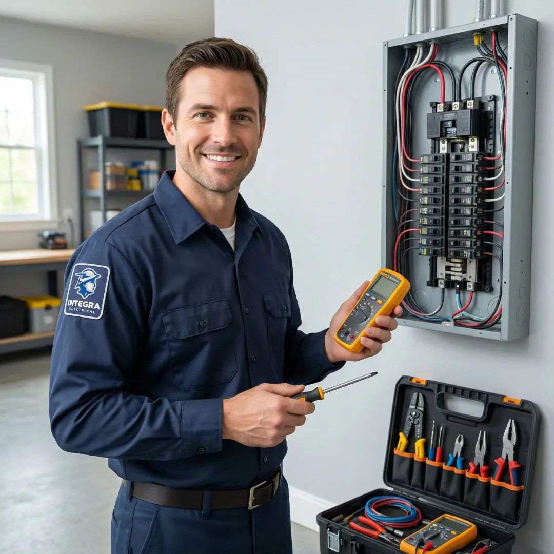 Licensed electrician working on a residential electrical panel in a Marshalltown home