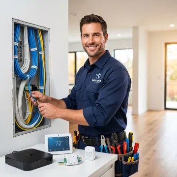 Integra Electrical technician performing a smart home wiring installation in a residential home