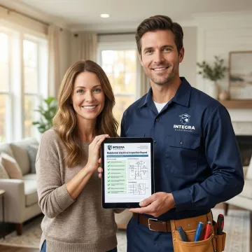 Electrician reviewing inspection findings with a homeowner in a residential setting
