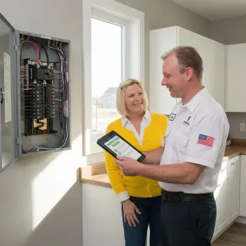 Integra Electrical technician reviewing residential electrical panel with a homeowner
