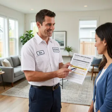 Electrician presenting a detailed inspection report to a homeowner in Lansing, MI