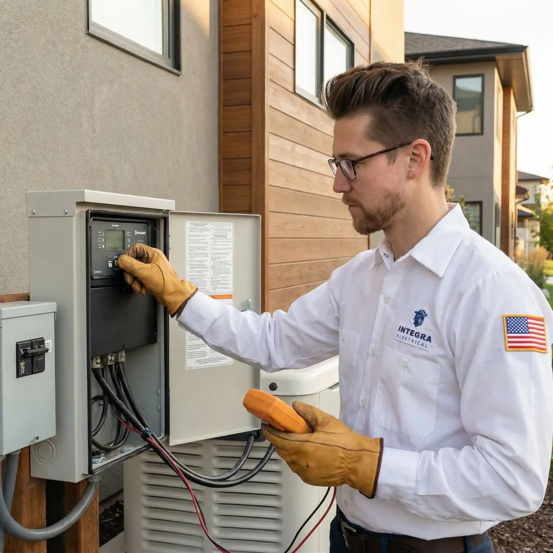 Electrician performing final load test on a newly installed home standby generator