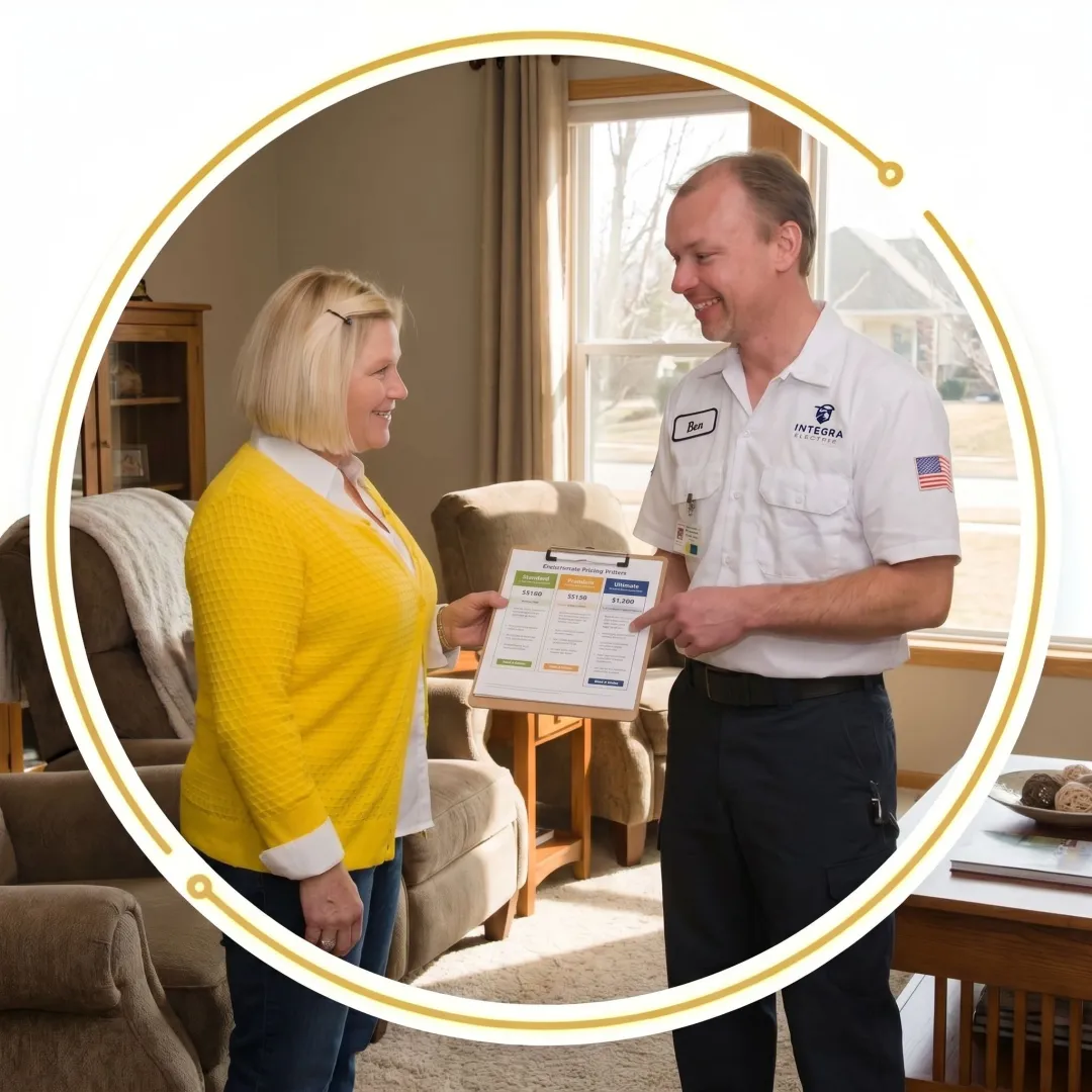 Electrician walking a Des Moines homeowner through electrical service options on a clipboard