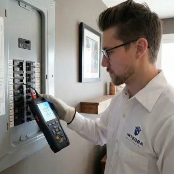 Electrician using a digital voltage analyzer during an electrical safety evaluation in a Des Moines home