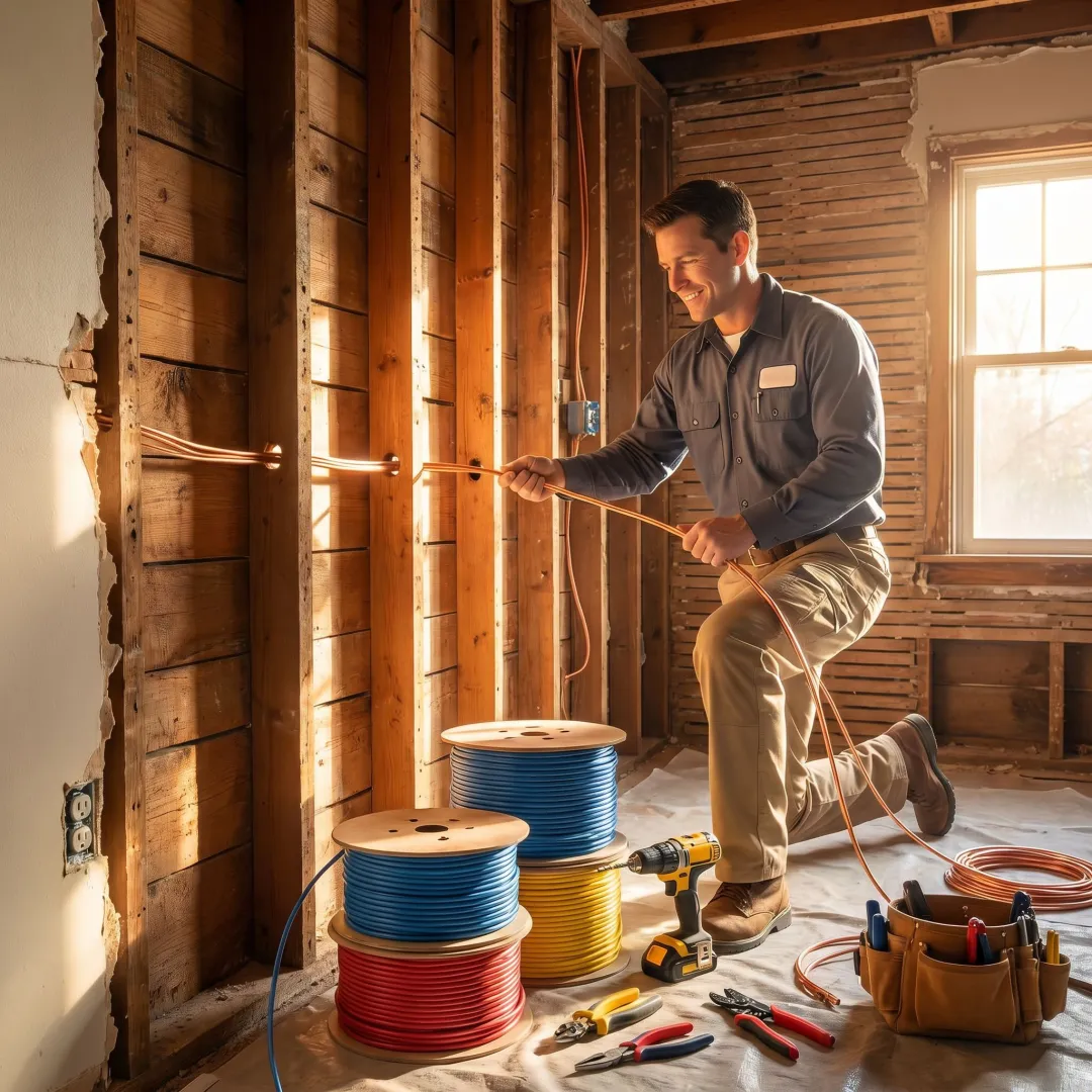Licensed electrician performing complete home rewiring in a Johnston, IA residence