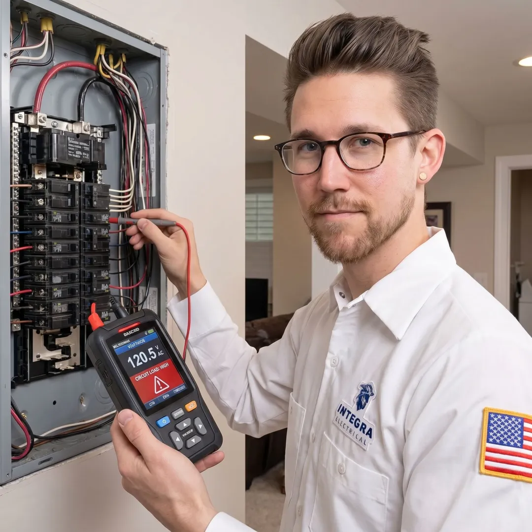 Electrician using a digital voltage analyzer to inspect a home's electrical system