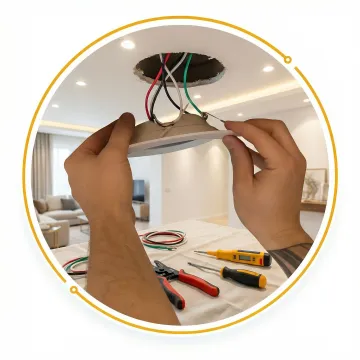 Licensed electrician installing a light fixture in an Adel, IA home