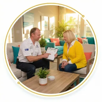 Electrician explaining electrical inspection findings to a homeowner using a clipboard.