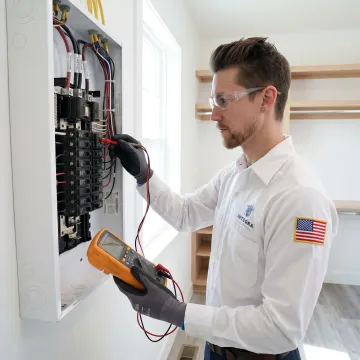 Electrician performing load testing on newly rewired electrical panel