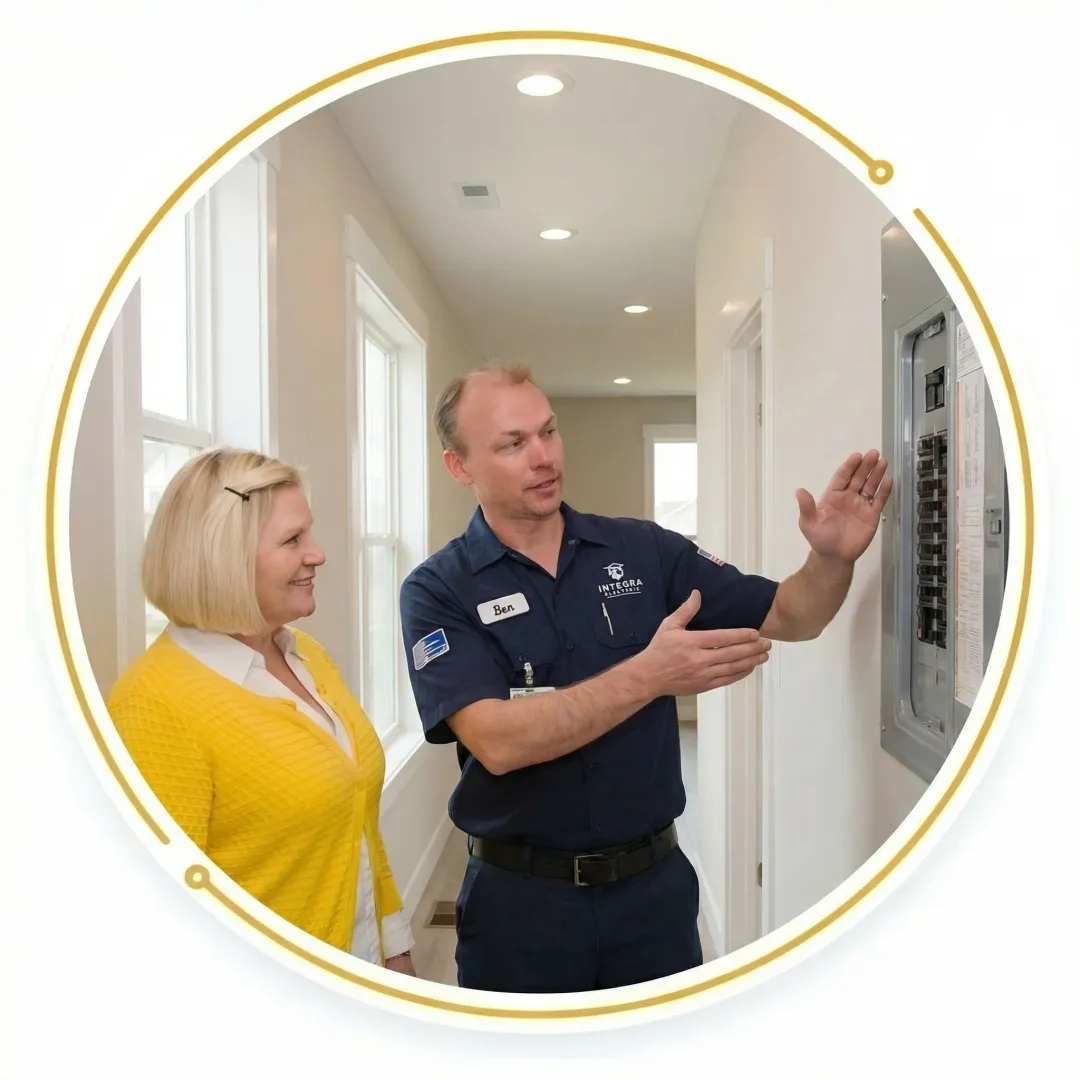 Electrician performing a code compliance walkthrough with a Richmond homeowner after completing electrical repairs