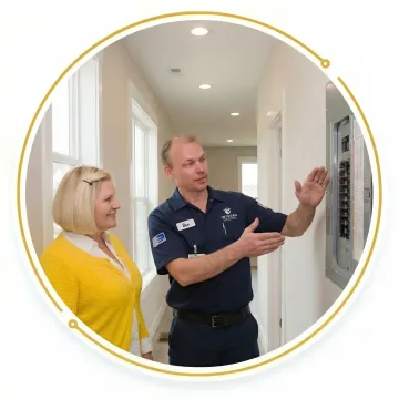 Electrician performing a code compliance walkthrough with a Richmond homeowner after completing electrical repairs