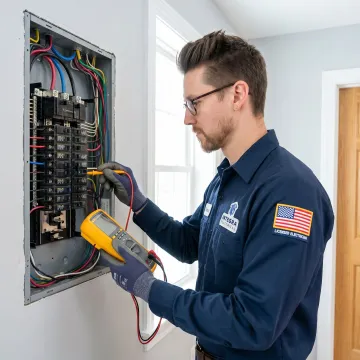 Licensed electrician inspecting an electrical panel for code compliance in a Richmond, VA home