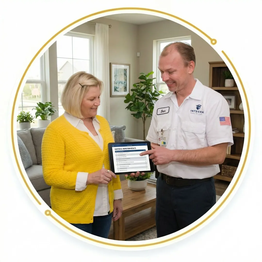 Electrician walking a homeowner through electrical inspection findings in a Des Moines home