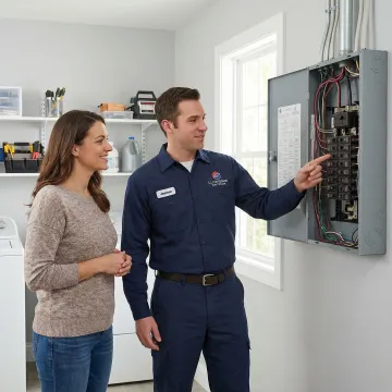 Electrician walking a homeowner through a newly installed electrical panel